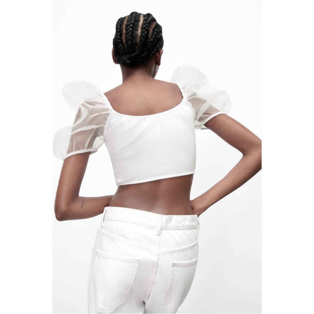 Zara Sheer Puff Sleeves Top with Organza Inserts - Picture 3 of 11